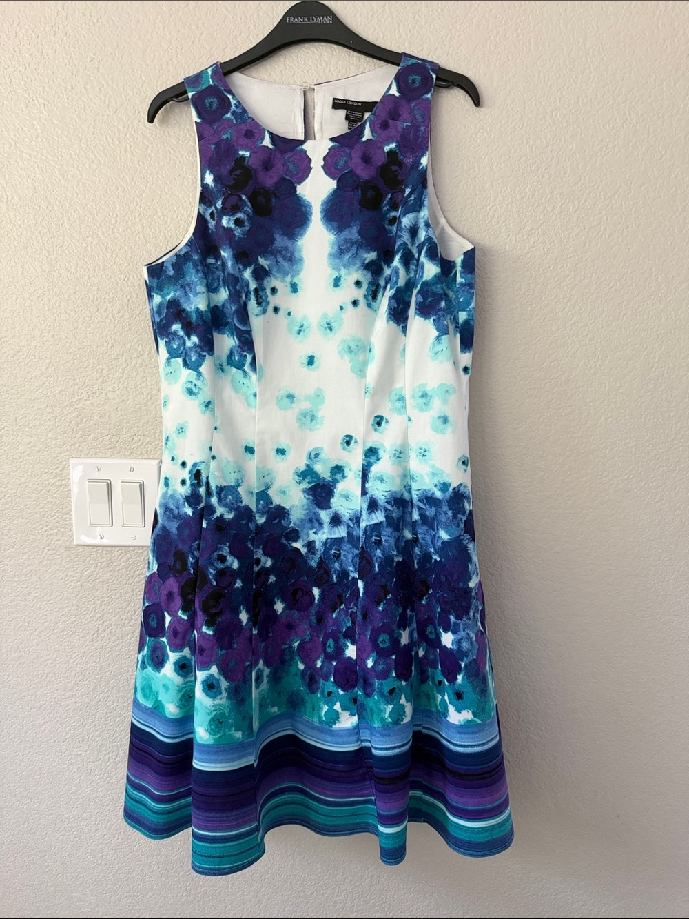 Maggy London Sleeveless Floral A-Line Dress in Blue, Teal, and Purple SZ 12